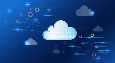 Dijital simgeler, veri akışı ve gelecekteki teknoloji tasarımı içeren bulut hesaplama arka planı. Ağ, depolama ve çevrimiçi hizmetlerin soyut illüstrasyonu.