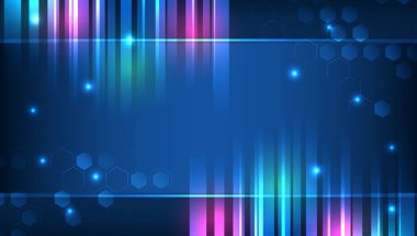 Parlak çizgileri, altıgenleri ve ışık efektleriyle fütürist mavi arka plan. Dijital arayüzler, yenilik ve modern sunumlar için soyut teknoloji tasarımı.