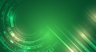 İkili kodlu, dairesel dijital arayüzlü ve parlayan çizgileri olan fütürist yeşil teknoloji arka planı. Yenilik, veri ve dijital tasarım için modern teknoloji konsepti. Yüksek teknoloji afişi için.