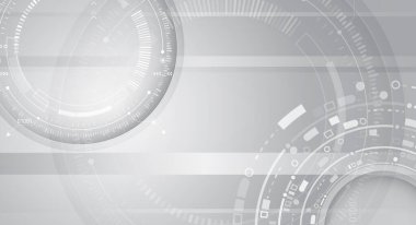 Yenilik, veri ve dijital iletişim için modern teknoloji konsepti. Dijital dairesel arayüzü ve geometrik kalıpları olan gelecekçi beyaz ve gri teknoloji arka planı.