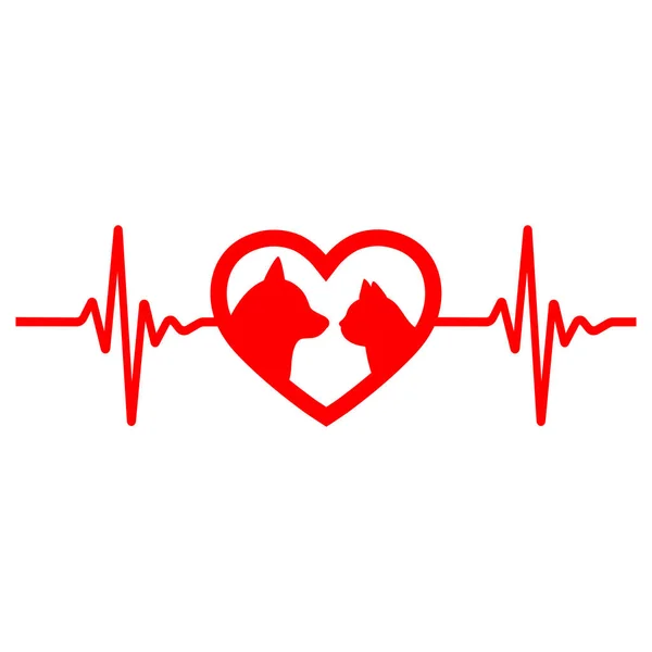 獣医師のロゴのイラスト 脈拍で心臓の裏側に犬と猫 — ストックベクタ