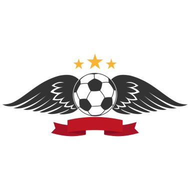 Futbol şampiyonası logosu. Kanatlı top ve beyaz arka planda bir afiş.