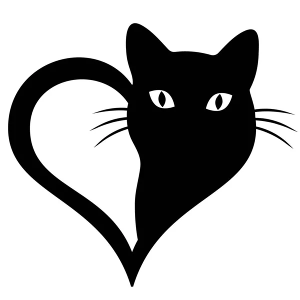 Czarny Kot Logo Ilustracja Sercu Białym Tle — Wektor stockowy