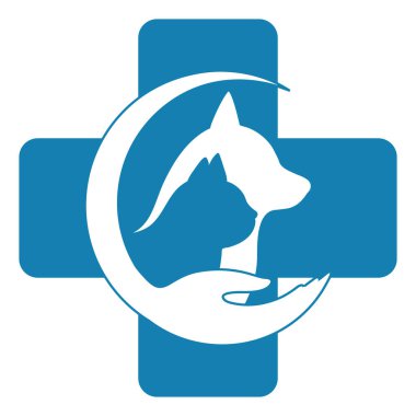 Illustration of the logo of a veterinary clinic.Dog and cat on the background of a medical cross on a white background