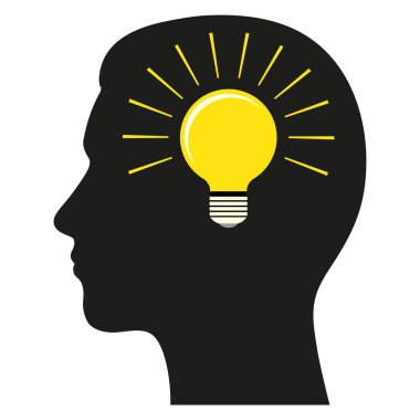 Creative thinking logo illustration.Human head with a light bulb on a white background