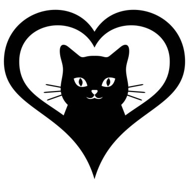Illustration of a cute black cat in a heart on a white background