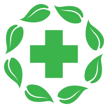 Green pharmacy logo illustration.Leaves in a circle with medical cross on a white background