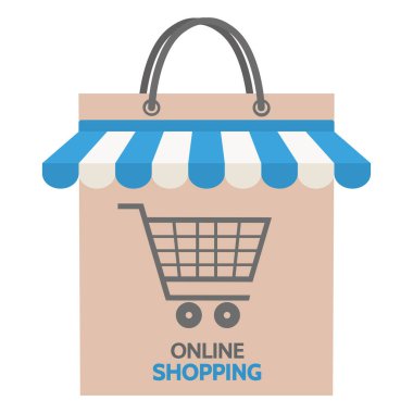 Online sale illustration. Shopping bag with showcase and trolley on white background