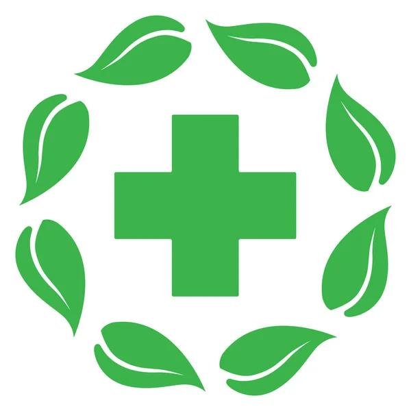Ilustración Del Logotipo Farmacia Verde Hojas Círculo Con Cruz Médica — Vector de stock