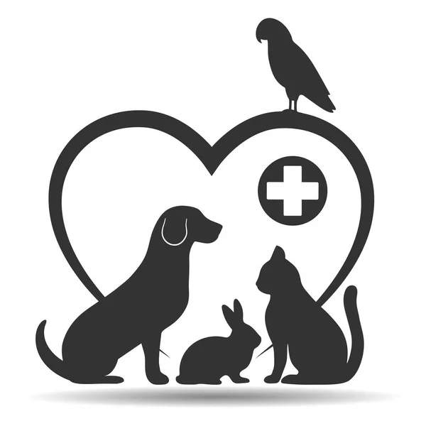 Veteriner kliniğinin logosu. Tıbbi haçı olan bir kalbin arka planında evcil hayvanlar