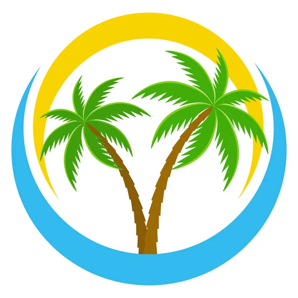 Toerisme Reislogo Illustratie Palmboom Een Blauwe Gele Cirkel Een Witte — Stockvector