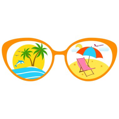 Yaz logosu çizimi. Tropikal bir plajda şemsiyenin altında güneş gözlüğü..