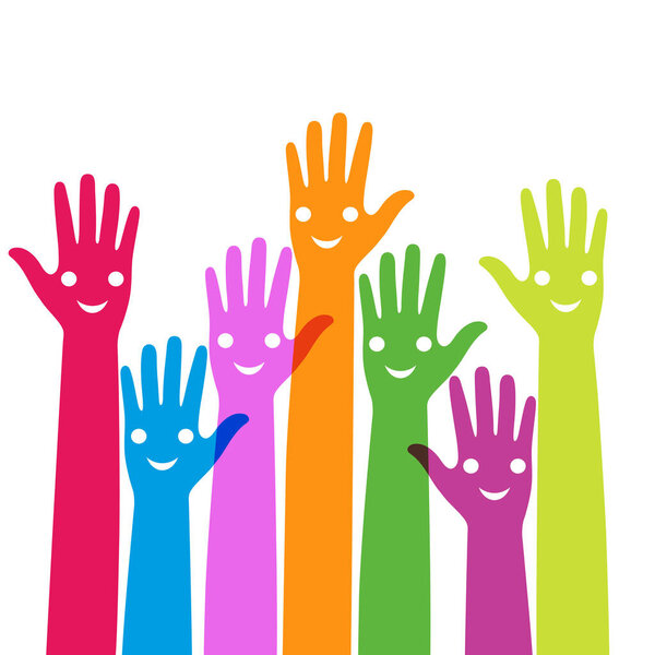 Charity volunteer illustration.Hands up with different skin colors and smiles.