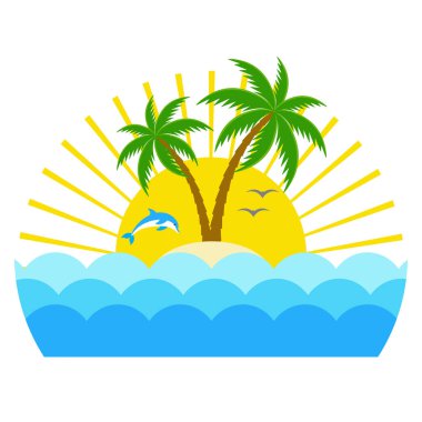 Tropical island illustration with palm tree and sun on white background