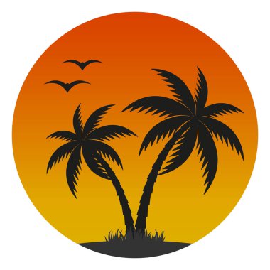 Gün batımının arka planında palmiye ağacı ve martıları olan bir ada tasviri