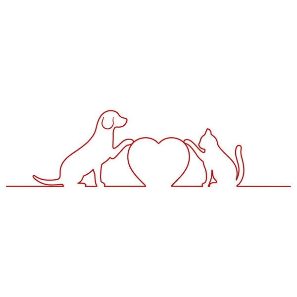 Lineární Ilustrace Psa Kočky Srdcem Bílém Pozadí — Stockový vektor