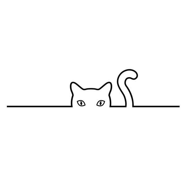 Линейная Иллюстрация Милой Морды Черной Кошки Хвостом Белом Фоне — стоковый вектор