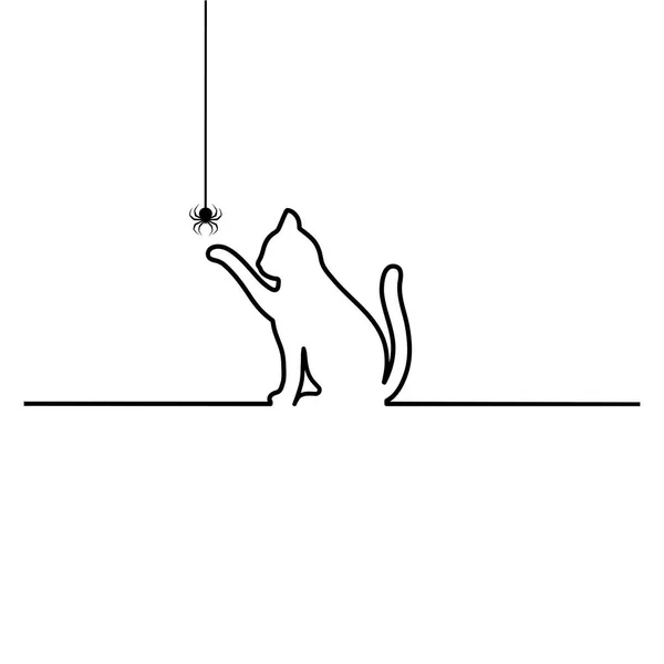 Ilustración Lineal Gato Negro Con Una Araña Sobre Fondo Blanco — Vector de stock