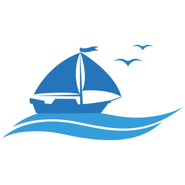 Иллюстрация Логотипа Парусника Синем Море Чайками Белом Фоне — стоковый вектор