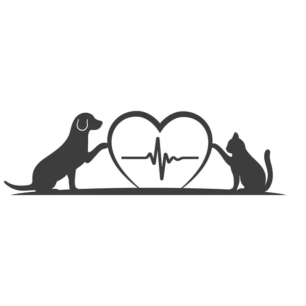 Veteriner kliniği logosu çizimi. Beyaz arka planda nabzı atan kedi ve köpekler.