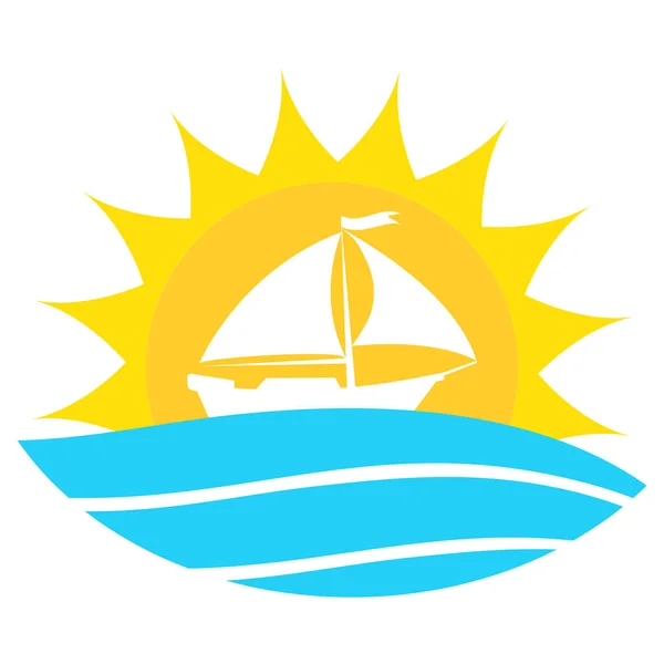 Εικονογράφηση Λογότυπου Ενός Ιστιοφόρου Στη Γαλάζια Θάλασσα Γλάρους Λευκό Φόντο — Διανυσματικό Αρχείο