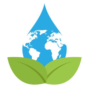 Çevrenin korunması ve korunması. Beyaz zemin üzerinde su damlası ve yeşil yaprak logosu..