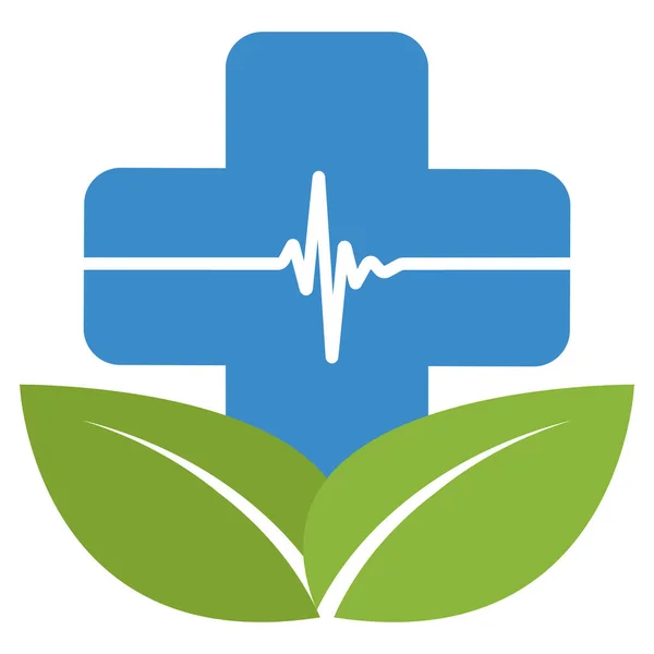 緑の薬局のロゴのイラスト 白い背景に医療の十字架と葉 — ストックベクタ