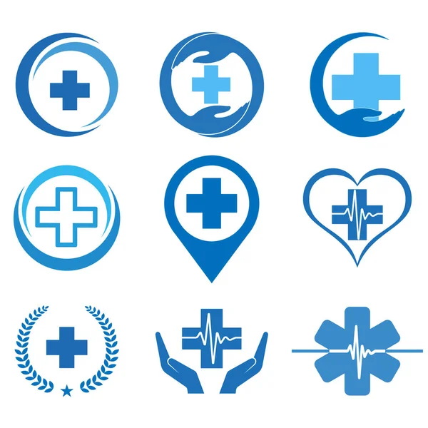 Ensemble Illustrations Logos Soins Santé Croix Médicale Bleue Avec Pouls — Image vectorielle
