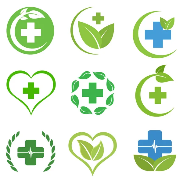 Zöld Gyógyszertár Kreatív Logójának Illusztrációs Készlete Fehér Alapon — Stock Vector