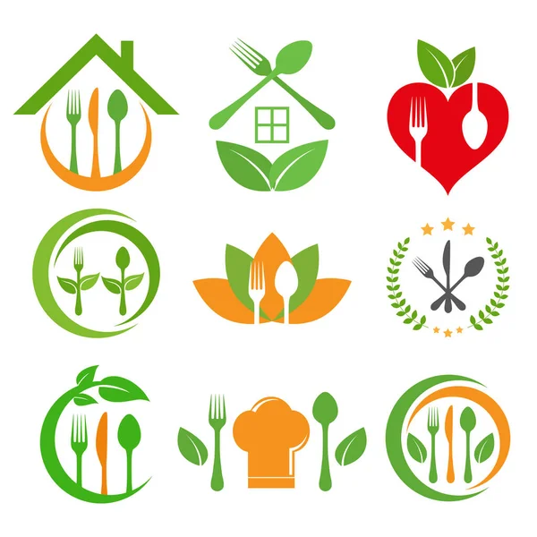 Illustration Set Logo Restaurantbetrieb Und Richtige Ernährung Auf Weißem Hintergrund lizenzfreie Stockillustrationen