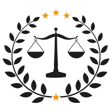 Beyaz bir arka planda defne çelenginde adalet terazisinin tasviri