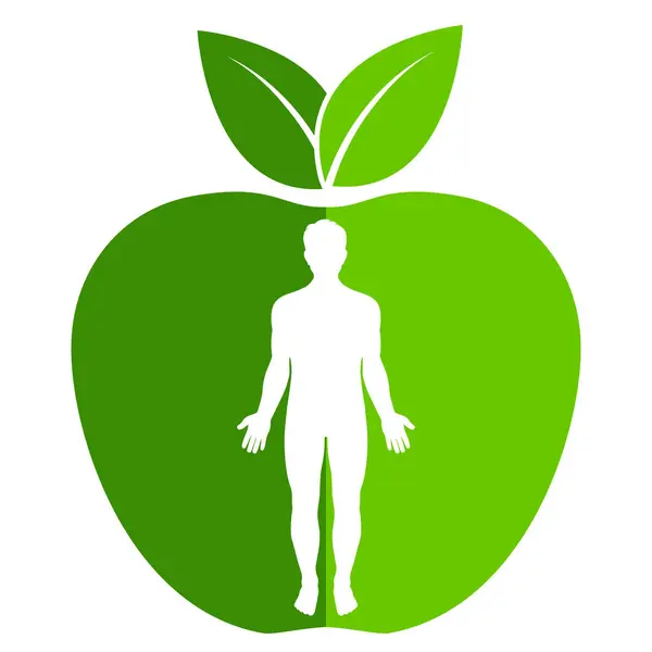 Friska Livsstil Logotyp Illustrationgrönt Äpple Och Man Vit Bakgrund — Stock vektor