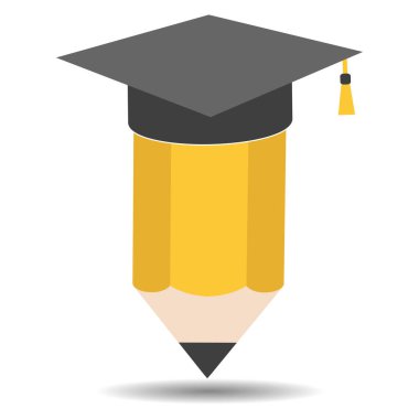 Eğitim logosu illüstrasyonu. Beyaz arka planda öğrenci şapkası olan kalem.