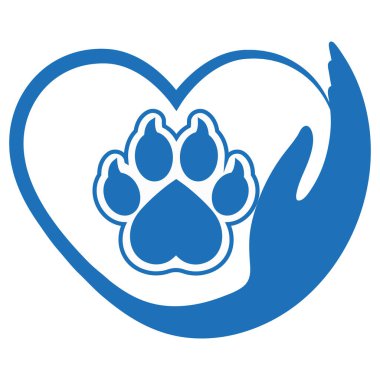 Veteriner kliniği logosu çizimi. Beyaz arka planda kalp ve köpek pençesi olan bir el.