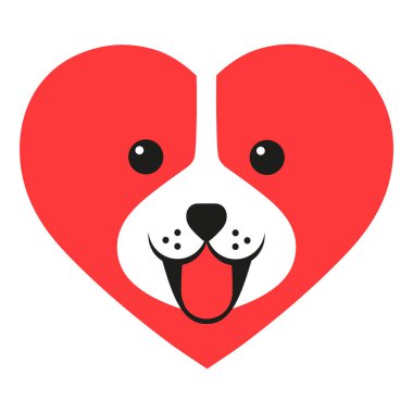 Beyaz arka planda kırmızı bir kalple sevimli bir köpek suratının çizimi.