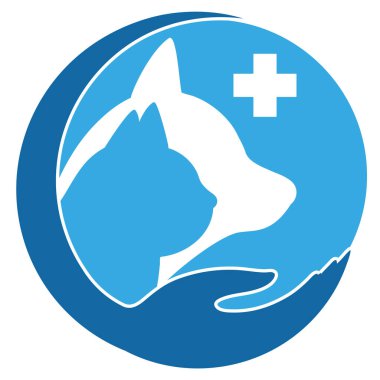 Veteriner kliniğinin logosu. Beyaz arka planda sağlık haçı olan kedi ve köpek.