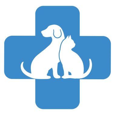 Illustration of the logo of a veterinary clinic.Silhouette of a dog and a cat with a medical cross on a white background.