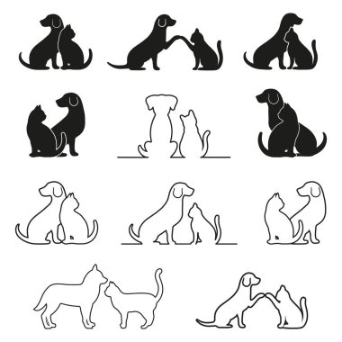 Beyaz arka planda bir kedi ve bir köpeğin farklı siluetleri.