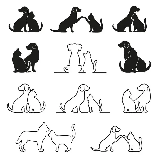 Illustrationsset Mit Verschiedenen Silhouetten Eines Hundes Und Einer Katze Auf Stockvektor