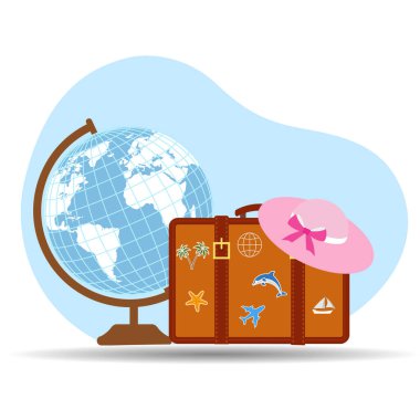 Seyahat ve turizm illüstrasyonu. Beyaz arka planda bavul ve şapkayla dünya..