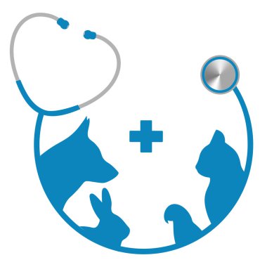 Beyaz arka planda kedi ve köpek olan bir veteriner steteskopu tasviri.