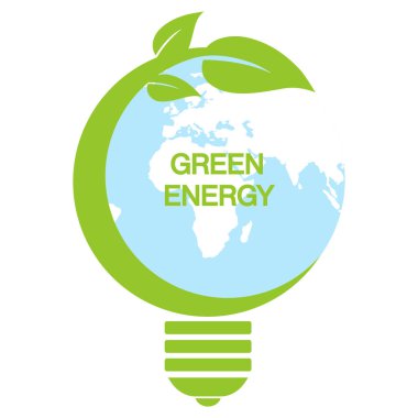Yeşil enerji kavramı çizimi. Beyaz arkaplanda küresi olan ampul.