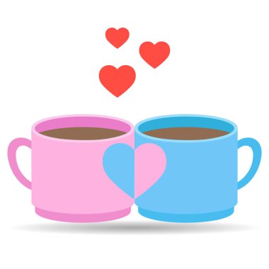Beyaz zemin üzerinde kahve ve kalp olan pembe ve mavi fincanların tasviri.