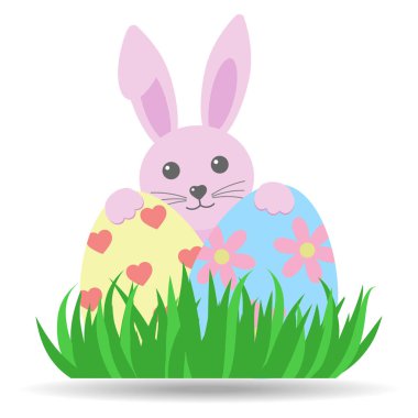 Paskalya yumurtalı, çimenli ve beyaz arka planda gölgesi olan sevimli pembe tavşan tasviri..