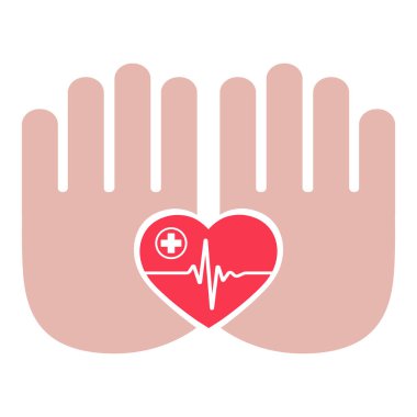 Kalp ve el ikonu tasviri. Kalp atışı, beyaz arka planda tıbbi sembol