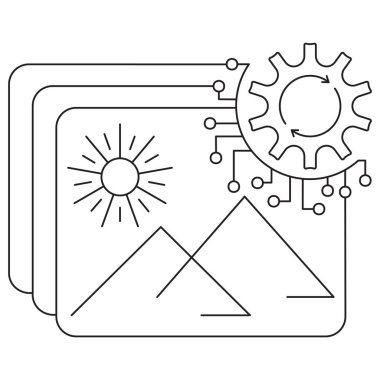 Yapay Zeka Resim İşleme Simgesi. Şeffaf arkaplanda ince çizgileri olan basit bir siyah vektör çizgisi. Çizgi kalınlığı düzenlenebilir