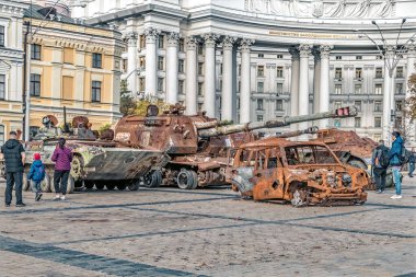 Kyiv, Ukraine - October 27, 2023: A collection of destroyed Russian military vehicles and a civilian car at the 