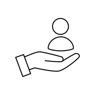 El, insan siluetini destekler. Basit siyah-beyaz vektör simgesi, ince çizgilerle modern minimal şekilde. Düzenlenebilir satır kalınlığı