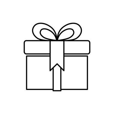 Fiyonklu hediye kutusu. Basit siyah-beyaz vektör simgesi, ince çizgilerle modern minimal şekilde. Düzenlenebilir satır kalınlığı