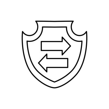 Farklı yönlere bakan iki oklu kalkan. Basit siyah-beyaz vektör simgesi, ince çizgilerle modern minimal şekilde. Düzenlenebilir satır kalınlığı